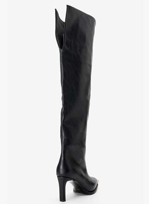 VODY Siyah Cilt Dizüstü Fermuarlı Kadın Topuklu Çizme - Görsel 6