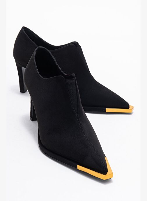 NIVA Siyah Süet Altın Detaylı Lastikli Kadın Bilekte Topuklu Ayakkabı - Görsel 2