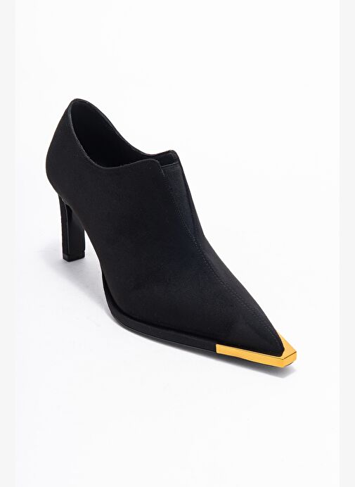 NIVA Siyah Süet Altın Detaylı Lastikli Kadın Bilekte Topuklu Ayakkabı - Görsel 4