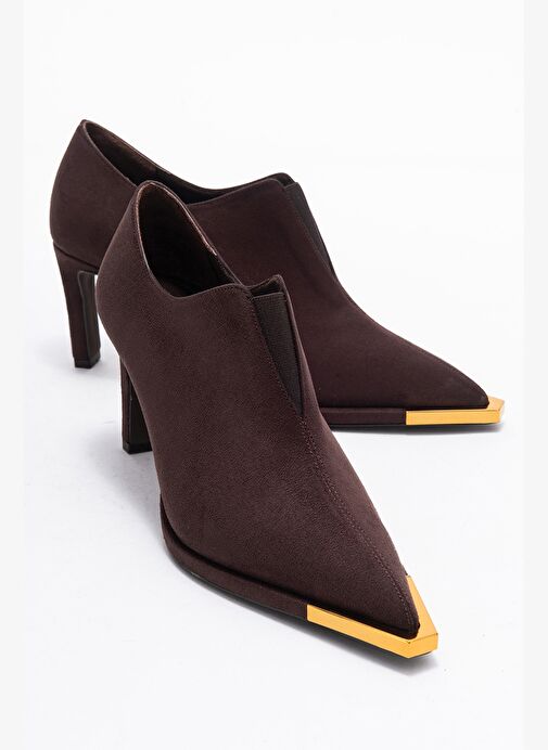 NIVA Kahverengi Süet Altın Detaylı Lastikli Kadın Bilekte Topuklu Ayakkabı - Görsel 2