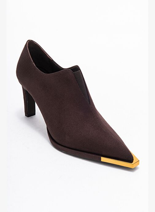 NIVA Kahverengi Süet Altın Detaylı Lastikli Kadın Bilekte Topuklu Ayakkabı - Görsel 4