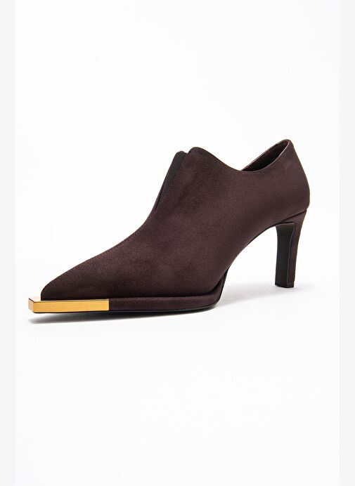 NIVA Kahverengi Süet Altın Detaylı Lastikli Kadın Bilekte Topuklu Ayakkabı - Görsel 5