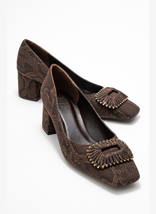 VELORA Kahverengi Desenli Tokalı Kadın Kalın Topuklu Ayakkabı - Görsel 2