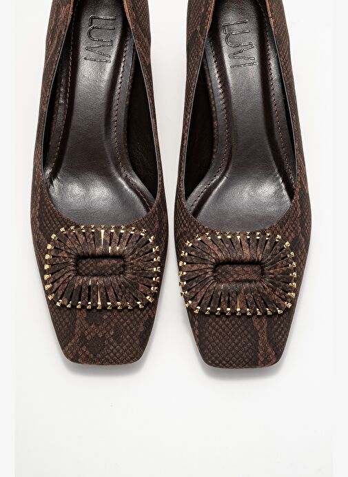 VELORA Kahverengi Desenli Tokalı Kadın Kalın Topuklu Ayakkabı - Görsel 3