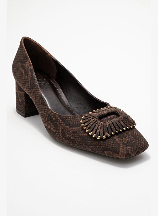 VELORA Kahverengi Desenli Tokalı Kadın Kalın Topuklu Ayakkabı - Görsel 4