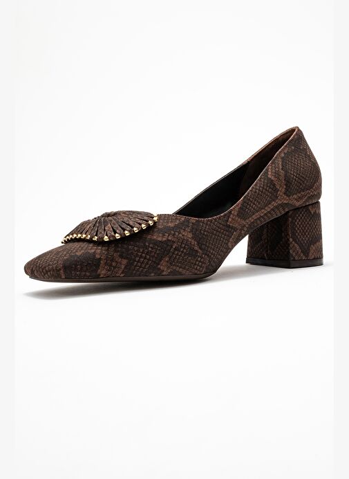 VELORA Kahverengi Desenli Tokalı Kadın Kalın Topuklu Ayakkabı - Görsel 5