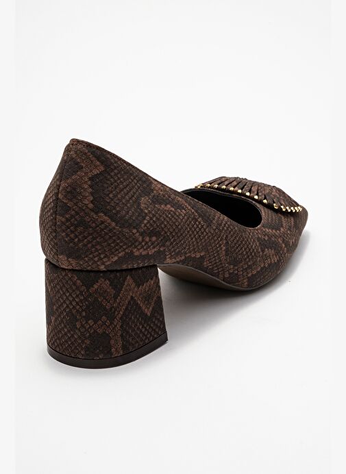VELORA Kahverengi Desenli Tokalı Kadın Kalın Topuklu Ayakkabı - Görsel 6