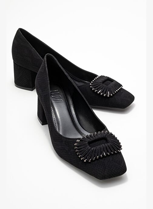 VELORA Siyah Desenli Tokalı Kadın Kalın Topuklu Ayakkabı - Görsel 2