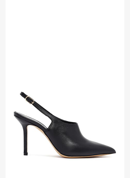Kadın Siyah Tokalı Arkası Açık Yüksek İnce Topuklu Deri Ayakkabı 25AFD121418 - Görsel 2