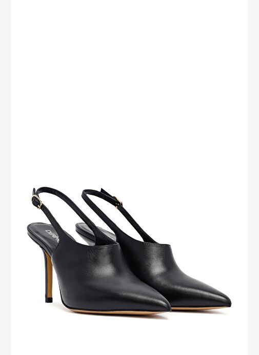 Kadın Siyah Tokalı Arkası Açık Yüksek İnce Topuklu Deri Ayakkabı 25AFD121418 - Görsel 4