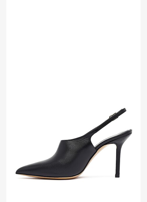 Kadın Siyah Tokalı Arkası Açık Yüksek İnce Topuklu Deri Ayakkabı 25AFD121418 - Görsel 5