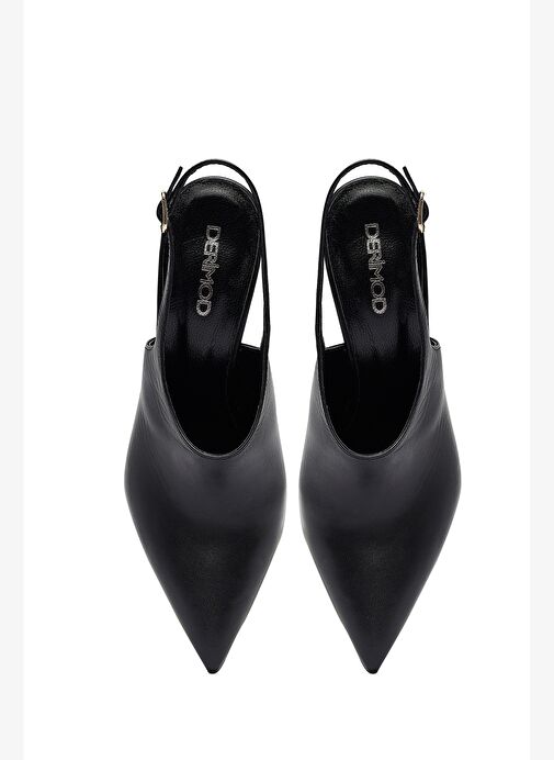 Kadın Siyah Tokalı Arkası Açık Yüksek İnce Topuklu Deri Ayakkabı 25AFD121418 - Görsel 9