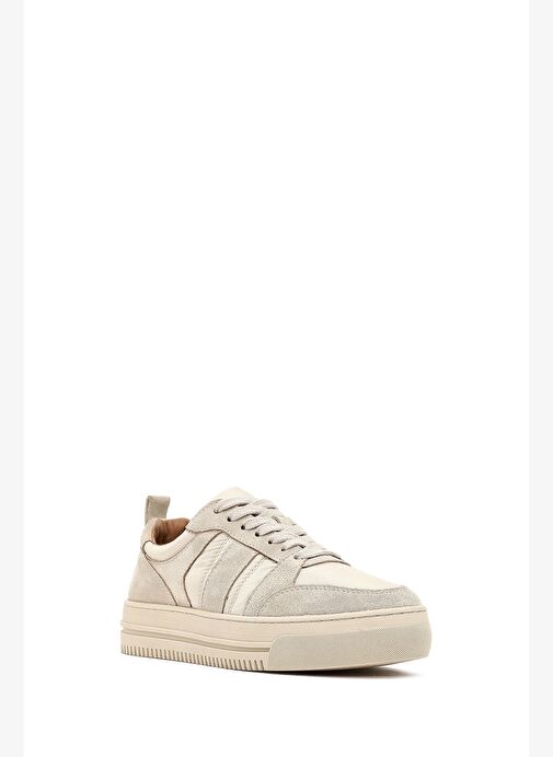 Kadın Bej Bağcıklı Kalın Tabanlı Desenli Deri Sneaker 25AFD142114 - Görsel 7