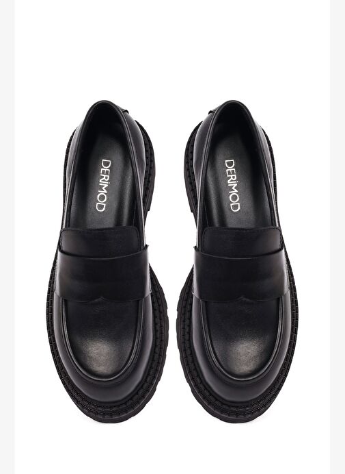 Kadın Siyah Kalın Tabanlı Deri Maskülen Loafer 25AFD185018 - Görsel 7