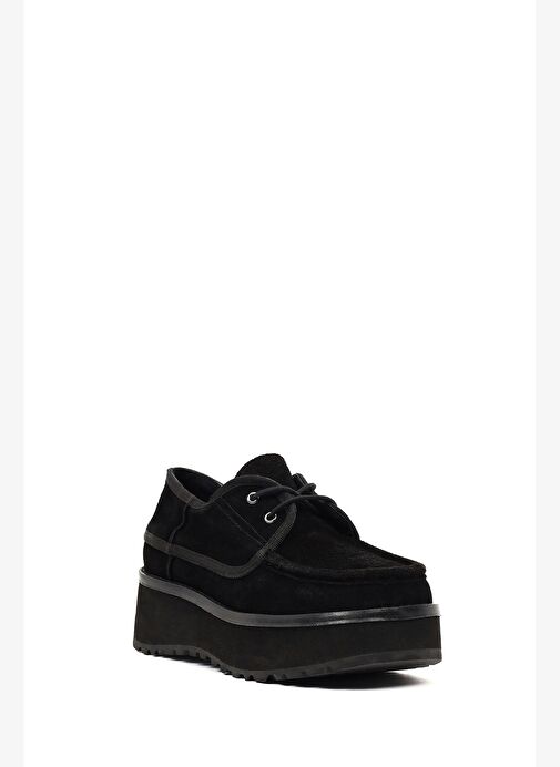 Kadın Siyah Kalın Tabanlı Bağcıklı Süet Deri Teddy Casual Ayakkabı 25AFD189610 - Görsel 7