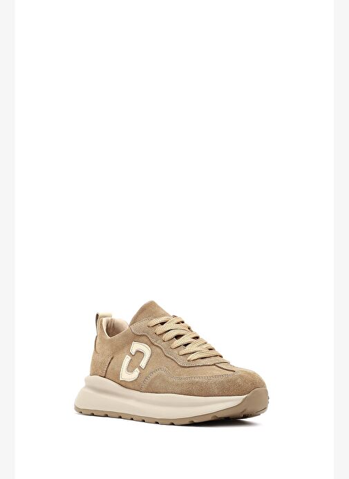 Kadın Bej Bağcıklı Kalın Tabanlı Süet Deri Sneaker 25AFD221110 - Görsel 7