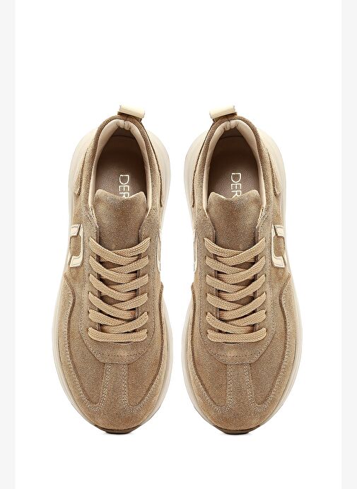 Kadın Bej Bağcıklı Kalın Tabanlı Süet Deri Sneaker 25AFD221110 - Görsel 8