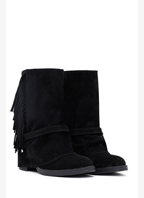 Kadın Siyah Kalın Topuklu Süet Deri Bot 25AFD221310 - Görsel 6