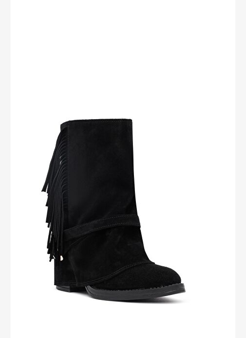 Kadın Siyah Kalın Topuklu Süet Deri Bot 25AFD221310 - Görsel 9