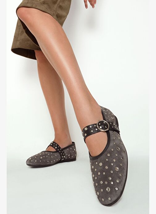 Kadın Antrasit Tokalı Süet Deri Babet 25AFD270810 - Görsel 2