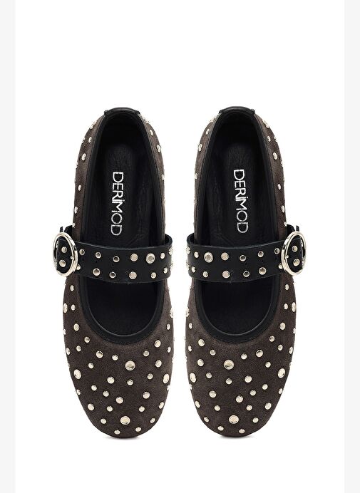 Kadın Antrasit Tokalı Süet Deri Babet 25AFD270810 - Görsel 9