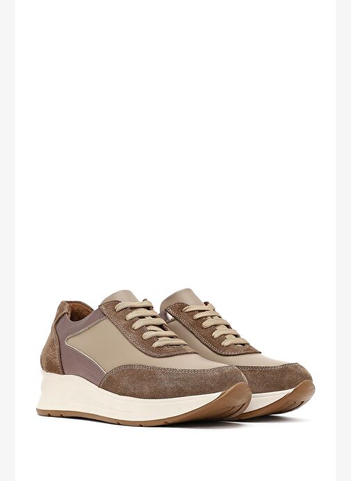 Kadın Vizon Bağcıklı Dolgu Topuklu Deri Sneaker 25AFD412714 - Görsel 4