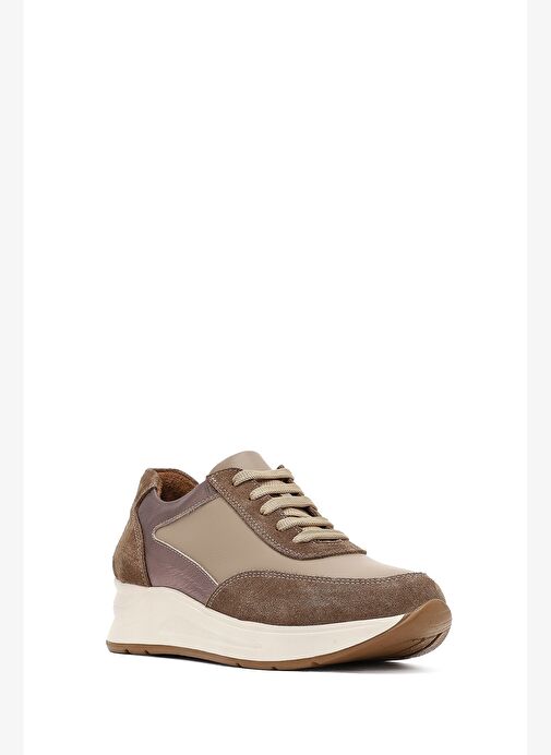 Kadın Vizon Bağcıklı Dolgu Topuklu Deri Sneaker 25AFD412714 - Görsel 7