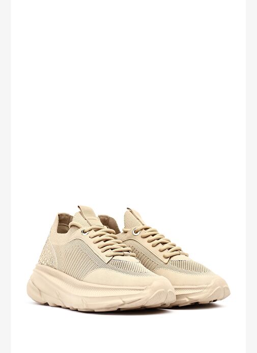Derimod Zero Kadın Bej Bağcıklı Kalın Tabanlı Kumaş Sneaker 25AFD43126F - Görsel 4