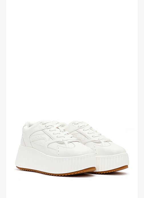 Kadın Beyaz Kalın Tabanlı Bağcıklı Sneaker 25AFD431318 - Görsel 4