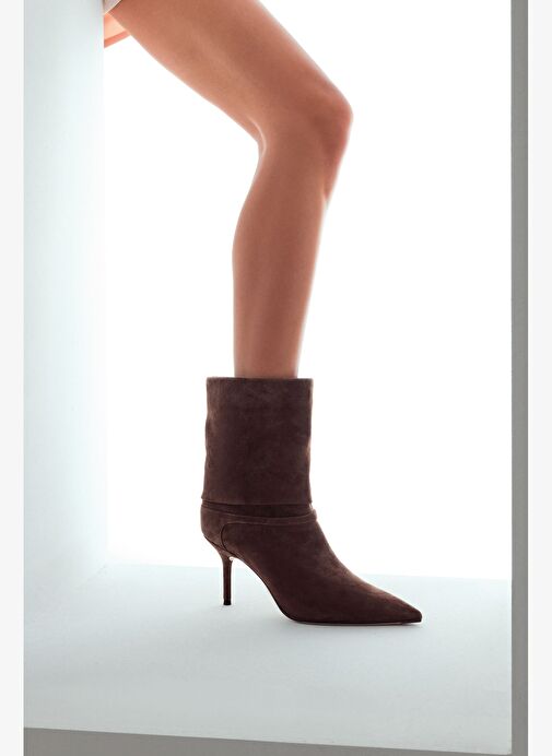 Kadın Kahverengi İnce Topuklu Süet Deri Bot 25AFD490310 - Görsel 2