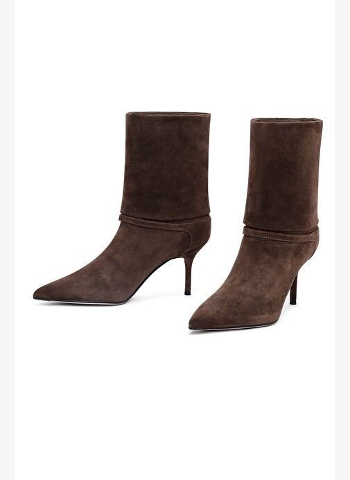 Kadın Kahverengi İnce Topuklu Süet Deri Bot 25AFD490310 - Görsel 4