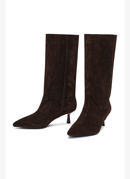 Kadın Kahverengi İnce Topuklu Süet Deri Çizme 25AFD490510 - Görsel 4