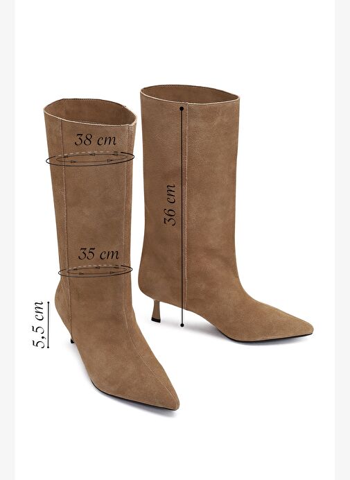Kadın Bej İnce Topuklu Süet Deri Çizme 25AFD490510 - Görsel 3