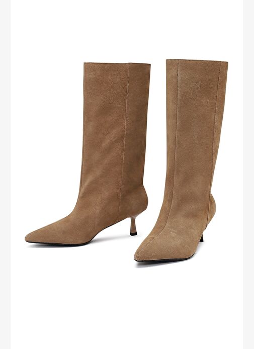 Kadın Bej İnce Topuklu Süet Deri Çizme 25AFD490510 - Görsel 4