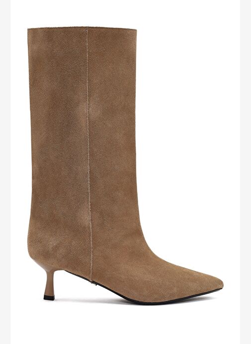 Kadın Bej İnce Topuklu Süet Deri Çizme 25AFD490510 - Görsel 5