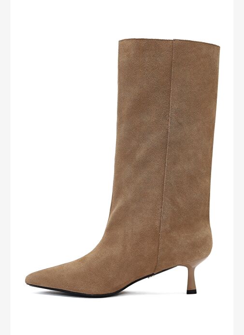 Kadın Bej İnce Topuklu Süet Deri Çizme 25AFD490510 - Görsel 6