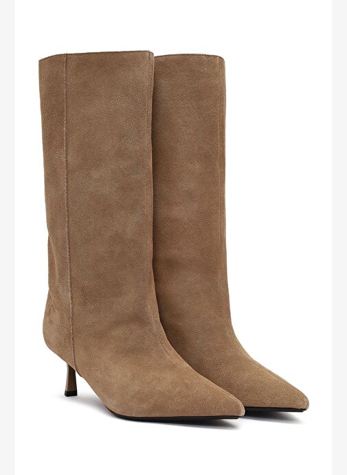 Kadın Bej İnce Topuklu Süet Deri Çizme 25AFD490510 - Görsel 7