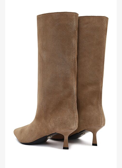 Kadın Bej İnce Topuklu Süet Deri Çizme 25AFD490510 - Görsel 9