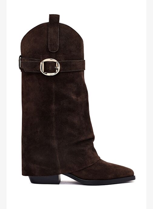 Kadın Kahverengi Kalın Topuklu Süet Deri Çizme 25AFD490610 - Görsel 2