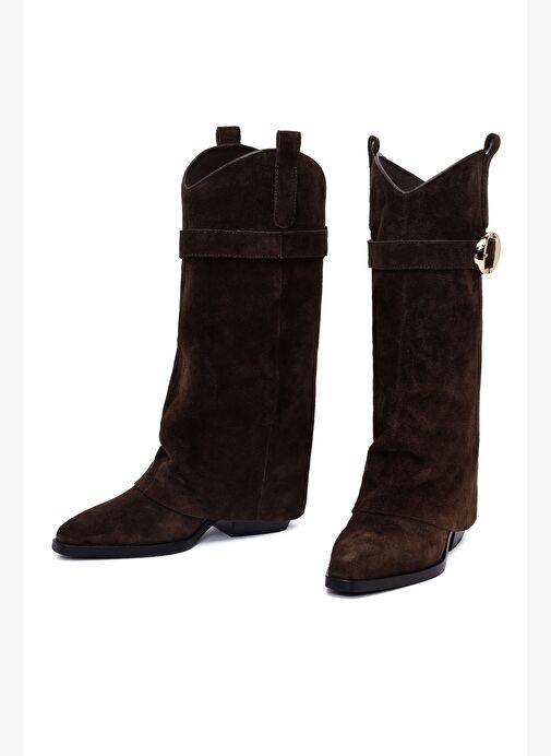 Kadın Kahverengi Kalın Topuklu Süet Deri Çizme 25AFD490610 - Görsel 4