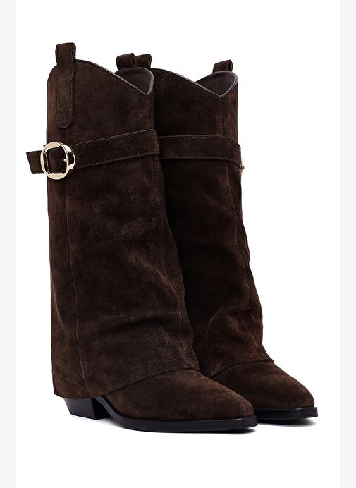 Kadın Kahverengi Kalın Topuklu Süet Deri Çizme 25AFD490610 - Görsel 6