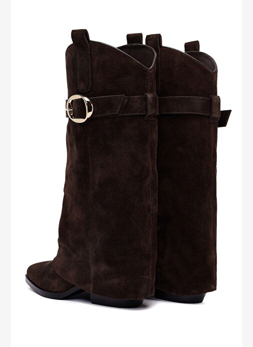 Kadın Kahverengi Kalın Topuklu Süet Deri Çizme 25AFD490610 - Görsel 8