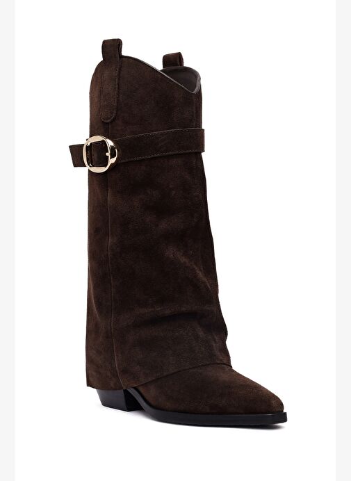 Kadın Kahverengi Kalın Topuklu Süet Deri Çizme 25AFD490610 - Görsel 9