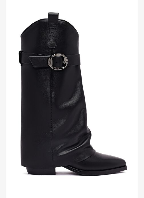 Kadın Siyah Tokalı Kalın Topuklu Deri Çizme 25AFD490618 - Görsel 2