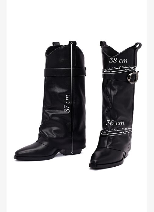 Kadın Siyah Tokalı Kalın Topuklu Deri Çizme 25AFD490618 - Görsel 3