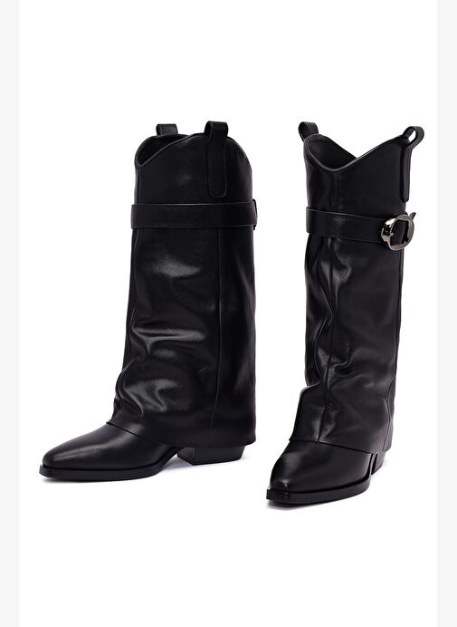 Kadın Siyah Tokalı Kalın Topuklu Deri Çizme 25AFD490618 - Görsel 4