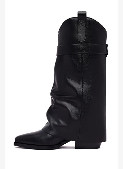 Kadın Siyah Tokalı Kalın Topuklu Deri Çizme 25AFD490618 - Görsel 5