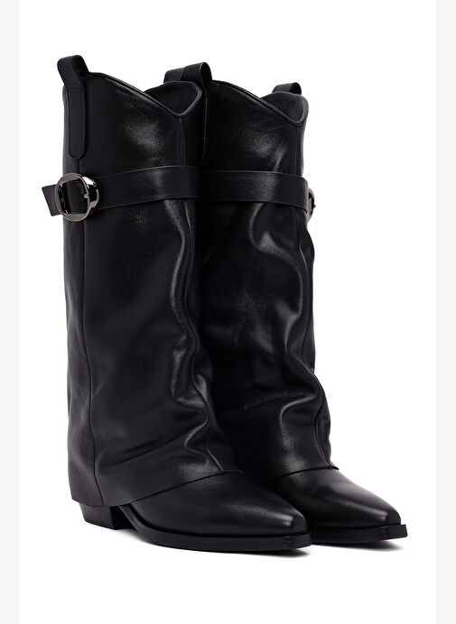 Kadın Siyah Tokalı Kalın Topuklu Deri Çizme 25AFD490618 - Görsel 6