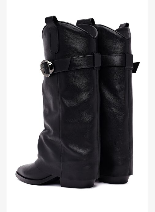 Kadın Siyah Tokalı Kalın Topuklu Deri Çizme 25AFD490618 - Görsel 8