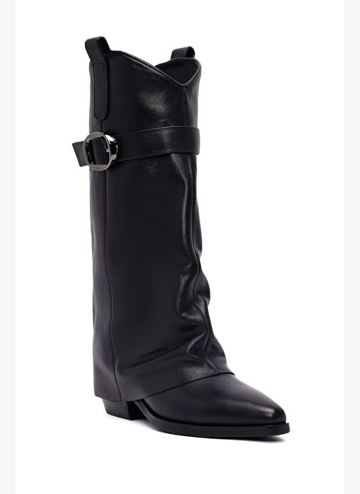 Kadın Siyah Tokalı Kalın Topuklu Deri Çizme 25AFD490618 - Görsel 9